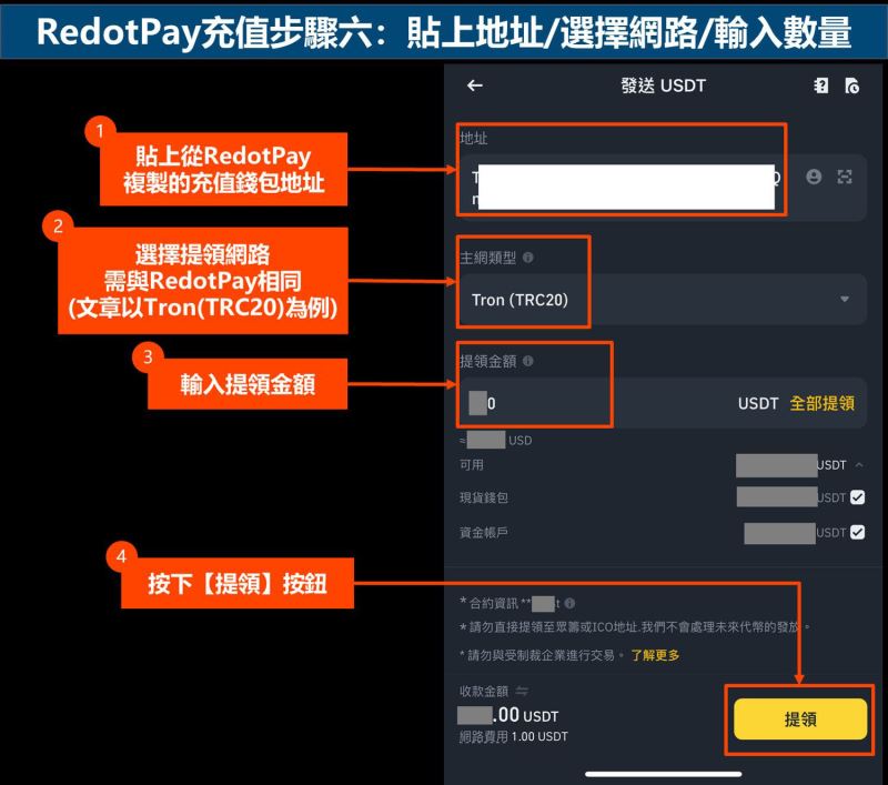 RedotPay充值步骤六：贴上地址-选择网路-输入数量