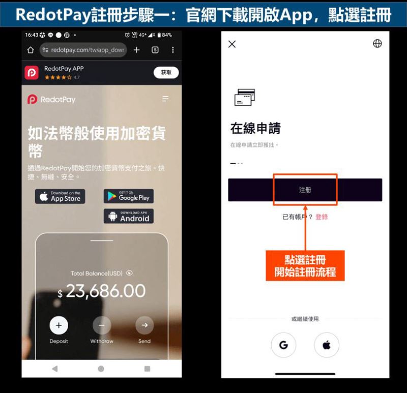 RedotPay注册步骤一：官网下载开启App，点选注册