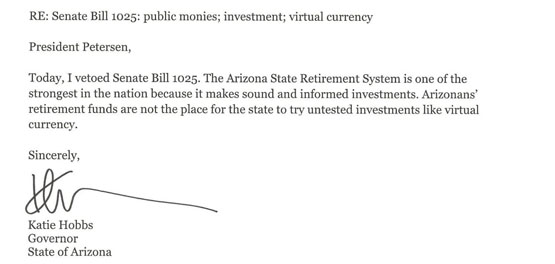 美国亚利桑那州长否决比特币储备法案:虚拟货币是未经验证的投资