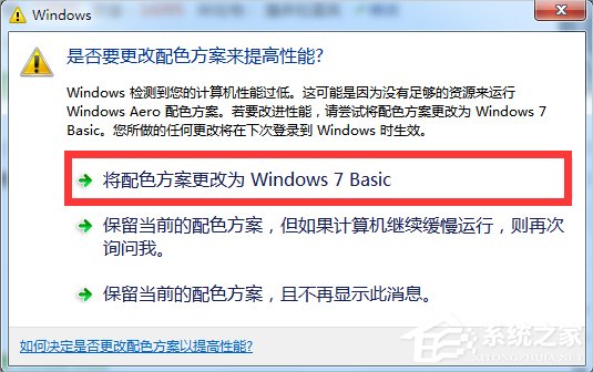 windows7提示“是否要更改配色方案来提高性能”的解决方法