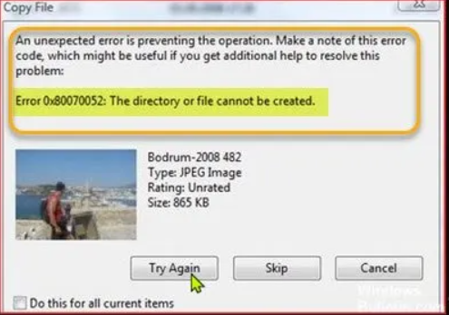 电脑移动文件出现：无法创建目录或文件错误代码0x80070052怎么办?